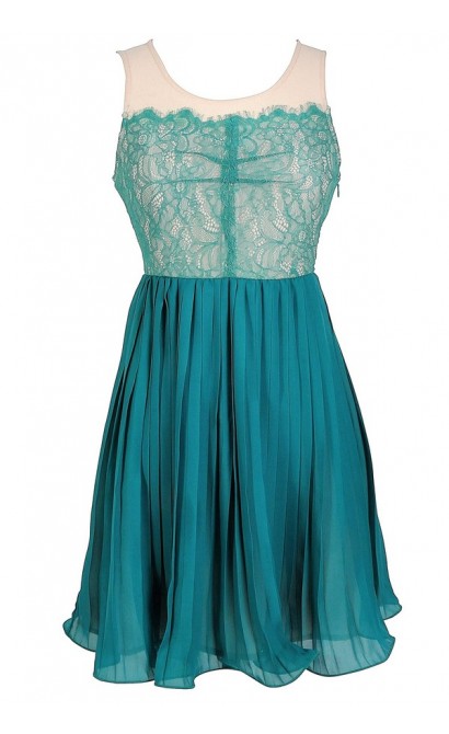 Lace and Pleated Chiffon Dress in Teal